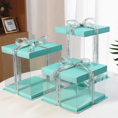 High quality clear acrylic square plastic cake box packaging with ribbon